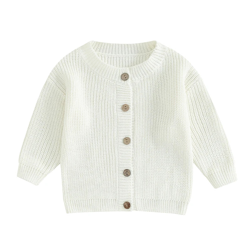 White knit button cardigan with round neck and long sleeves