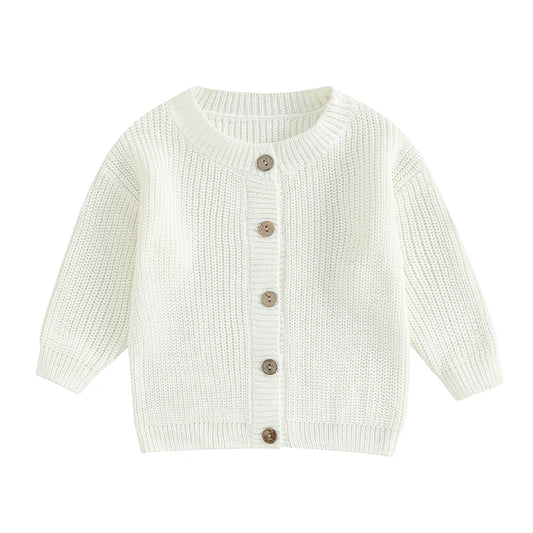 White knit button cardigan with round neck and long sleeves