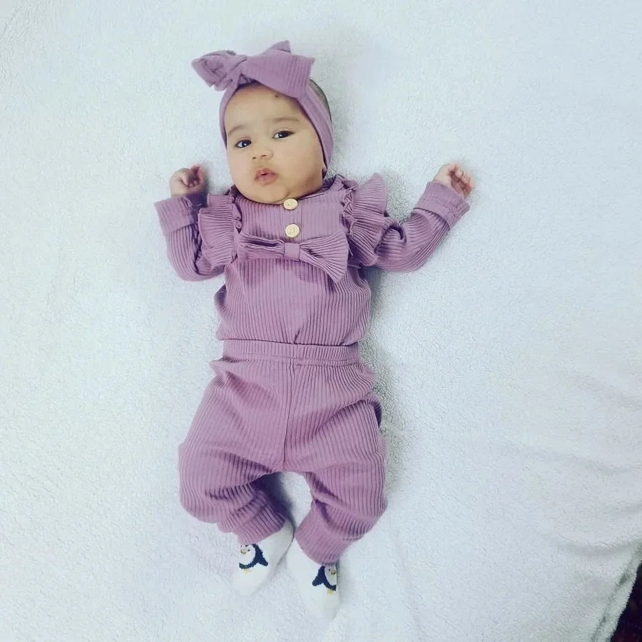 Baby Girl Ribbed Violet Ruffle Bodysuit and Pants Set with Headband