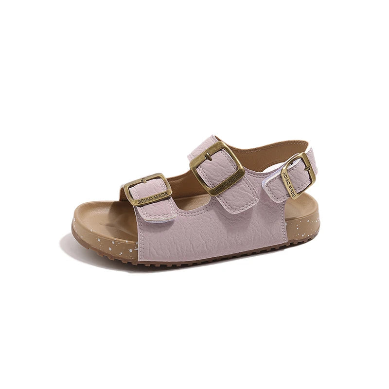 Kids double buckle summer sandals, pink, side view with two buckles