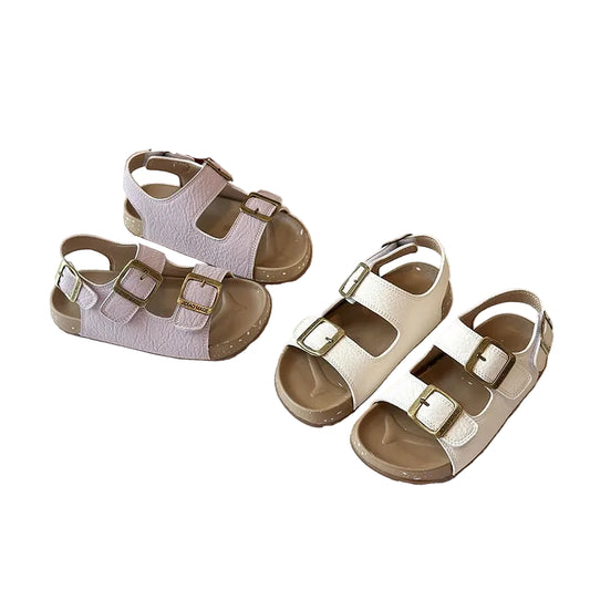 Kids' double-strap summer sandals in pink, with two buckle closures