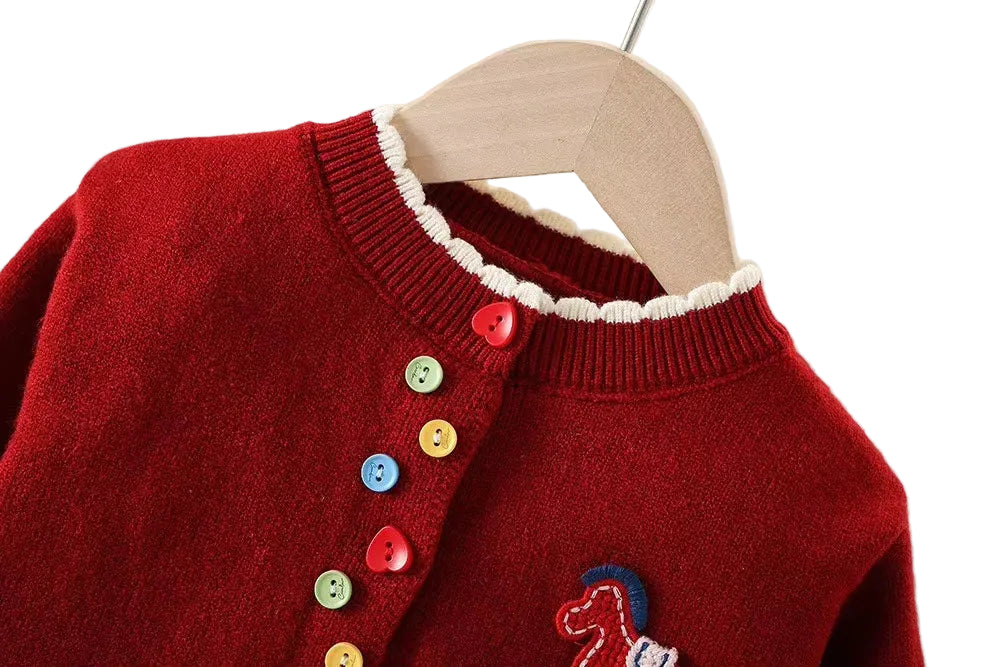 Girls red open-knit cardigan with multicolor button front and white trim
