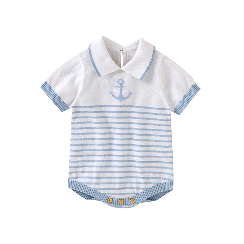 Soft cotton baby knit bodysuit with blue stripes, collar, and anchor detail. Lightweight, breathable, and perfect for summer days.
