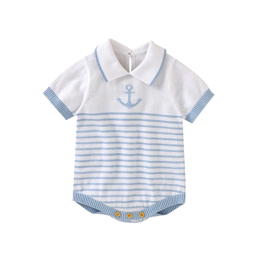 Soft cotton baby knit bodysuit with blue stripes, collar, and anchor detail. Lightweight, breathable, and perfect for summer days.