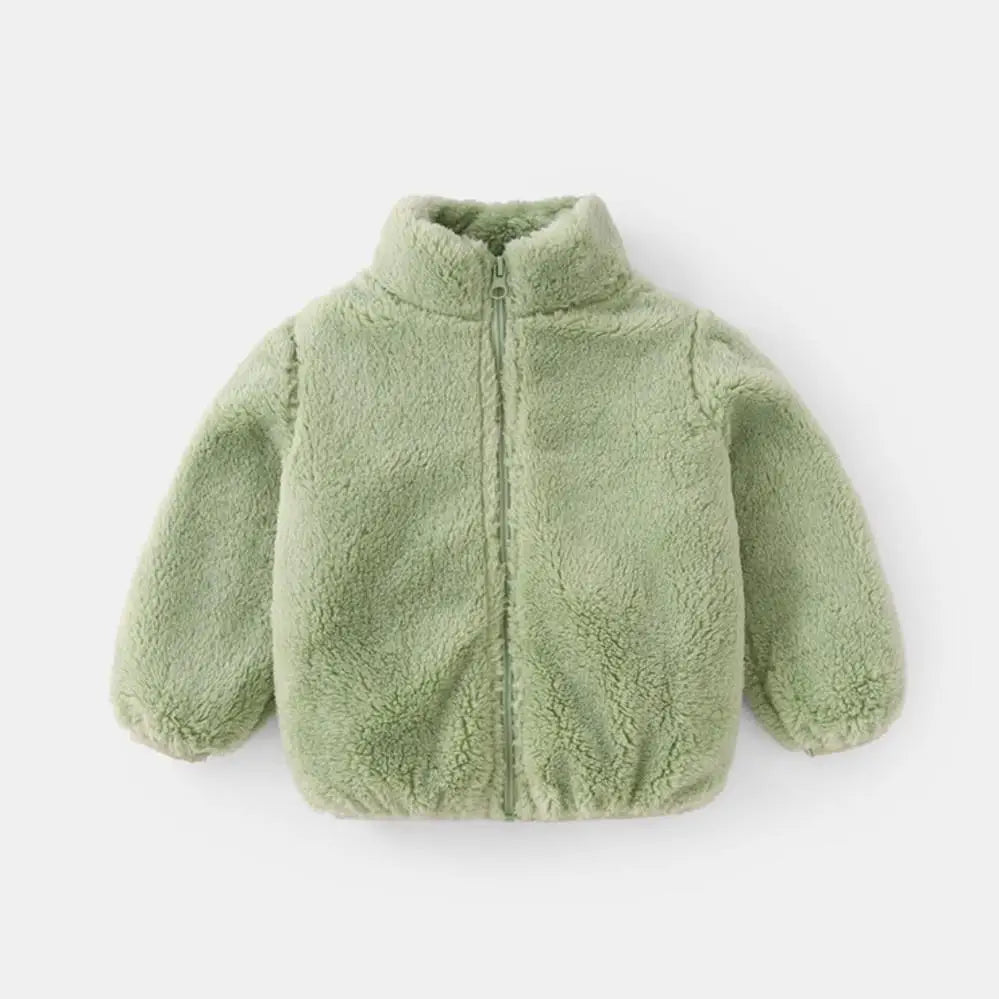 Girls teddy fleece zip jacket in sage green with full-length zipper front