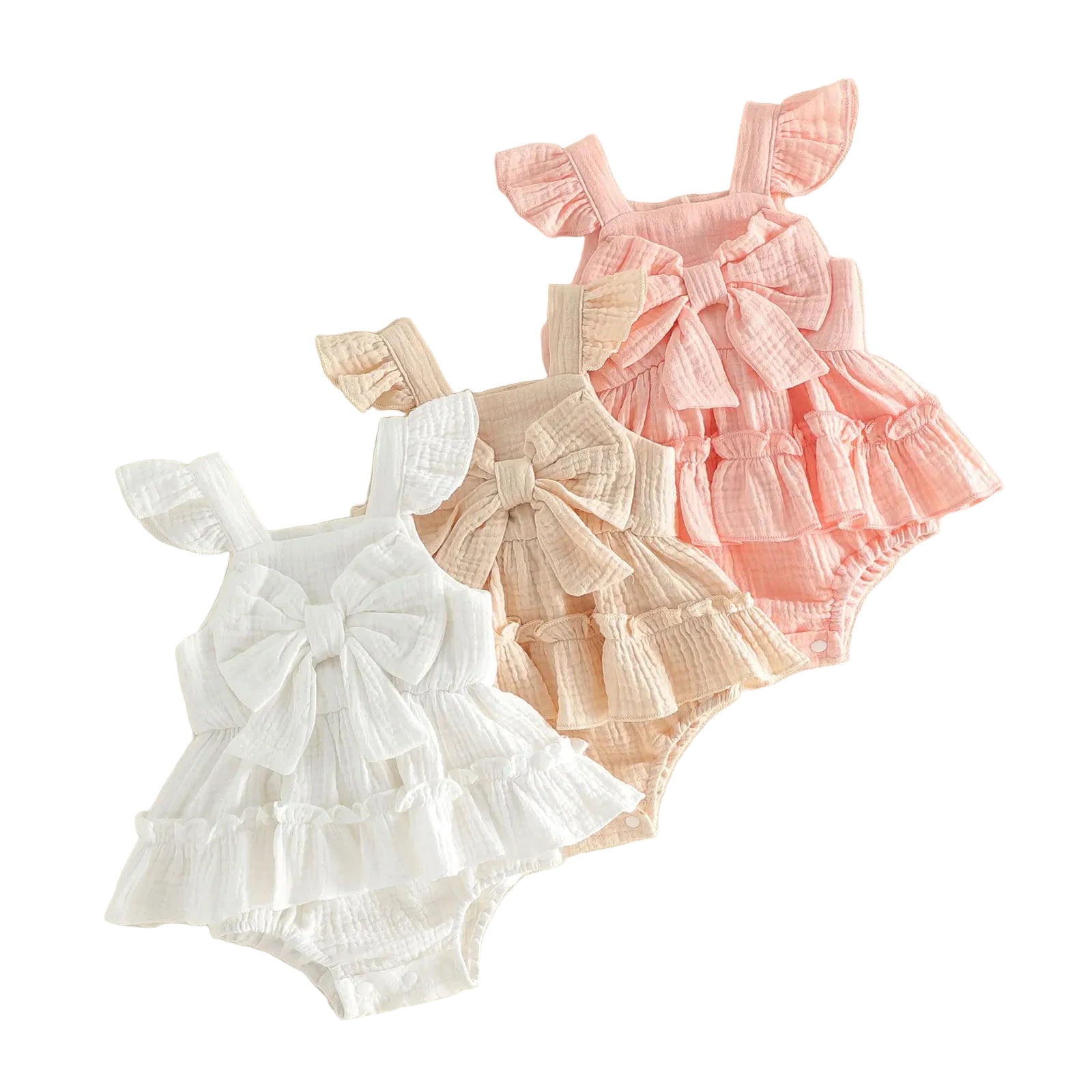 Baby girl bow frill romper, layered look in white and blush pink