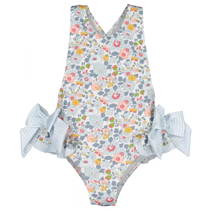 Girls Blue Floral Swimsuit with Bows & Crossover Back (2–7 Years) *Preorder