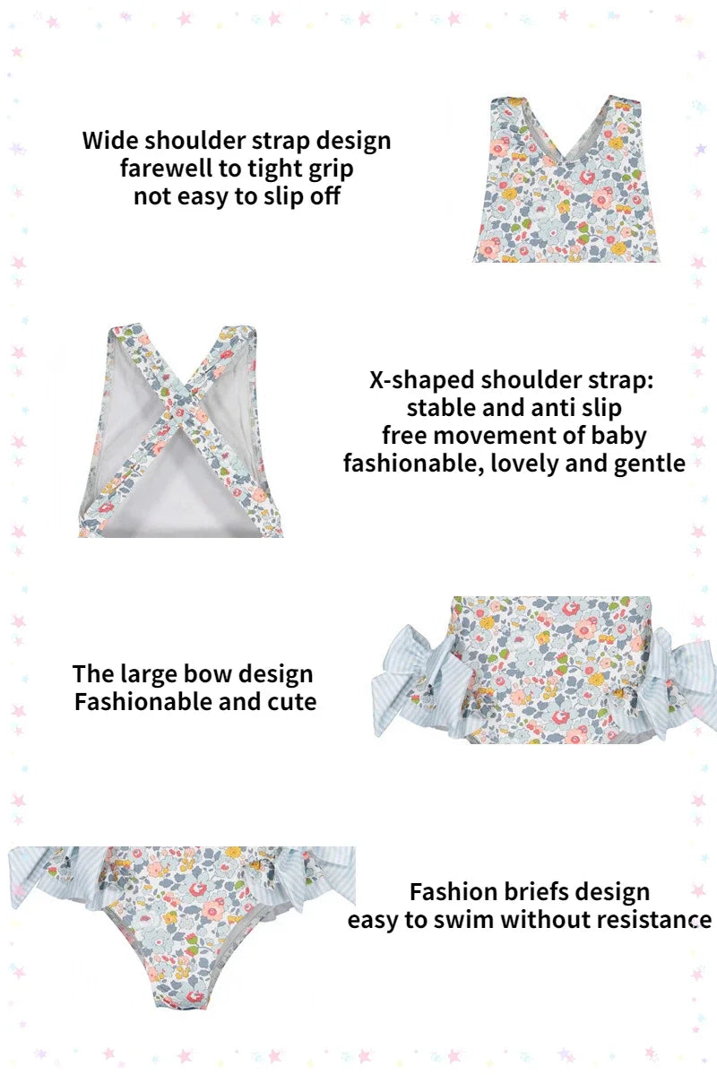 Girls Blue Floral Swimsuit with Bows & Crossover Back (2–7 Years) *Preorder