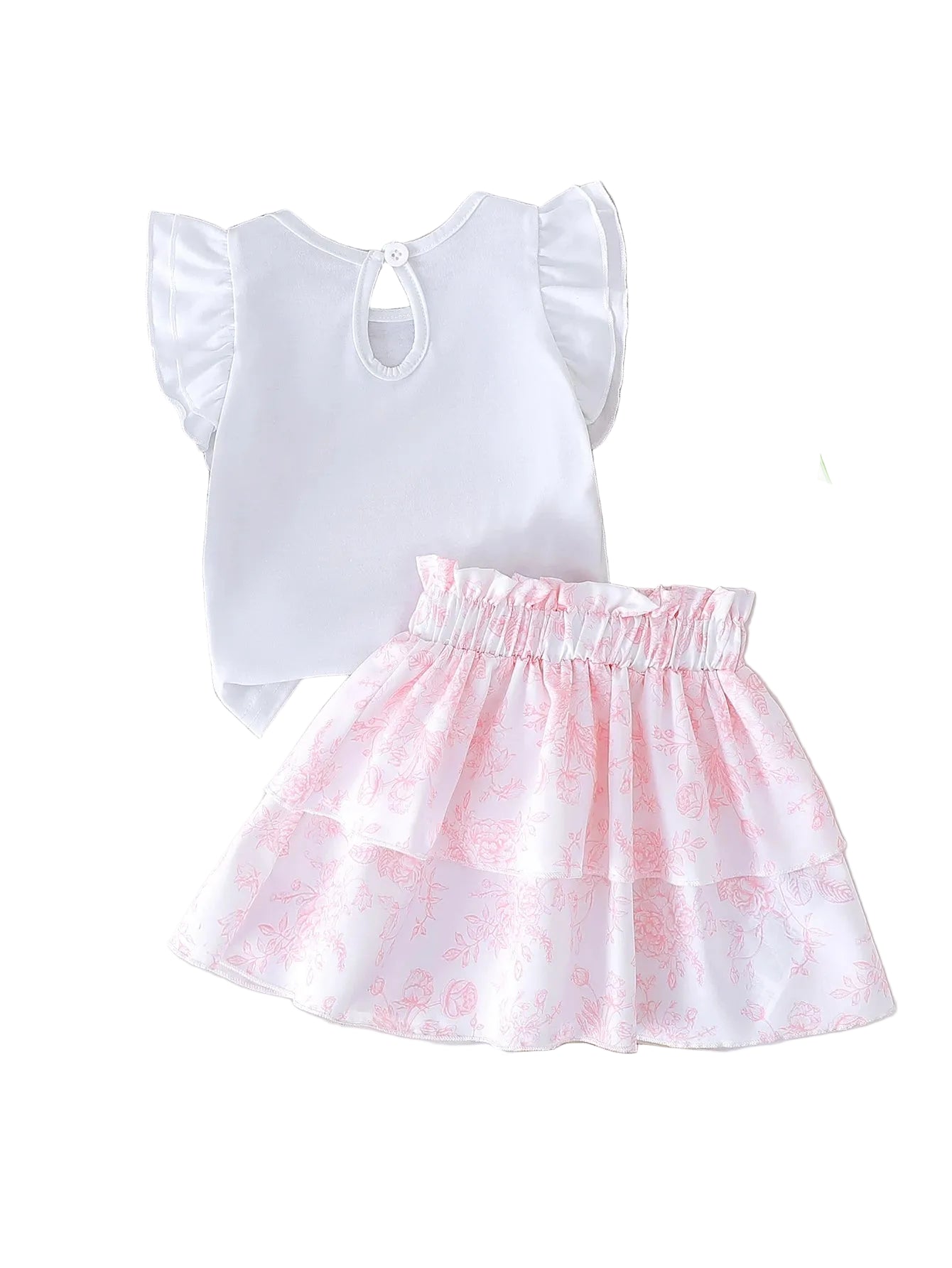 Toddler girls white short-sleeve blouse with keyhole neck, pink patterned frill skirt
