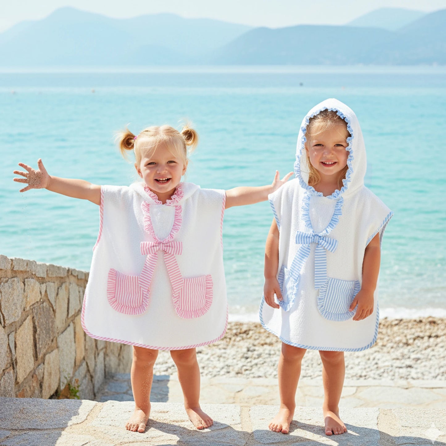 Kids hooded towel poncho in white with pink striped bow and pocket details
