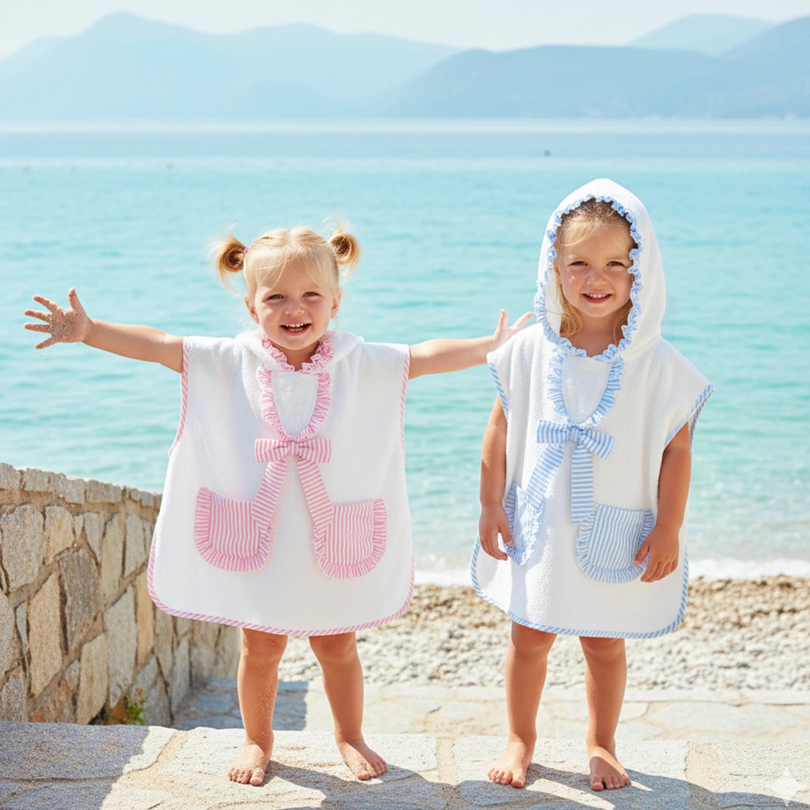 Kids hooded towel poncho in white with pink striped bow and pocket details