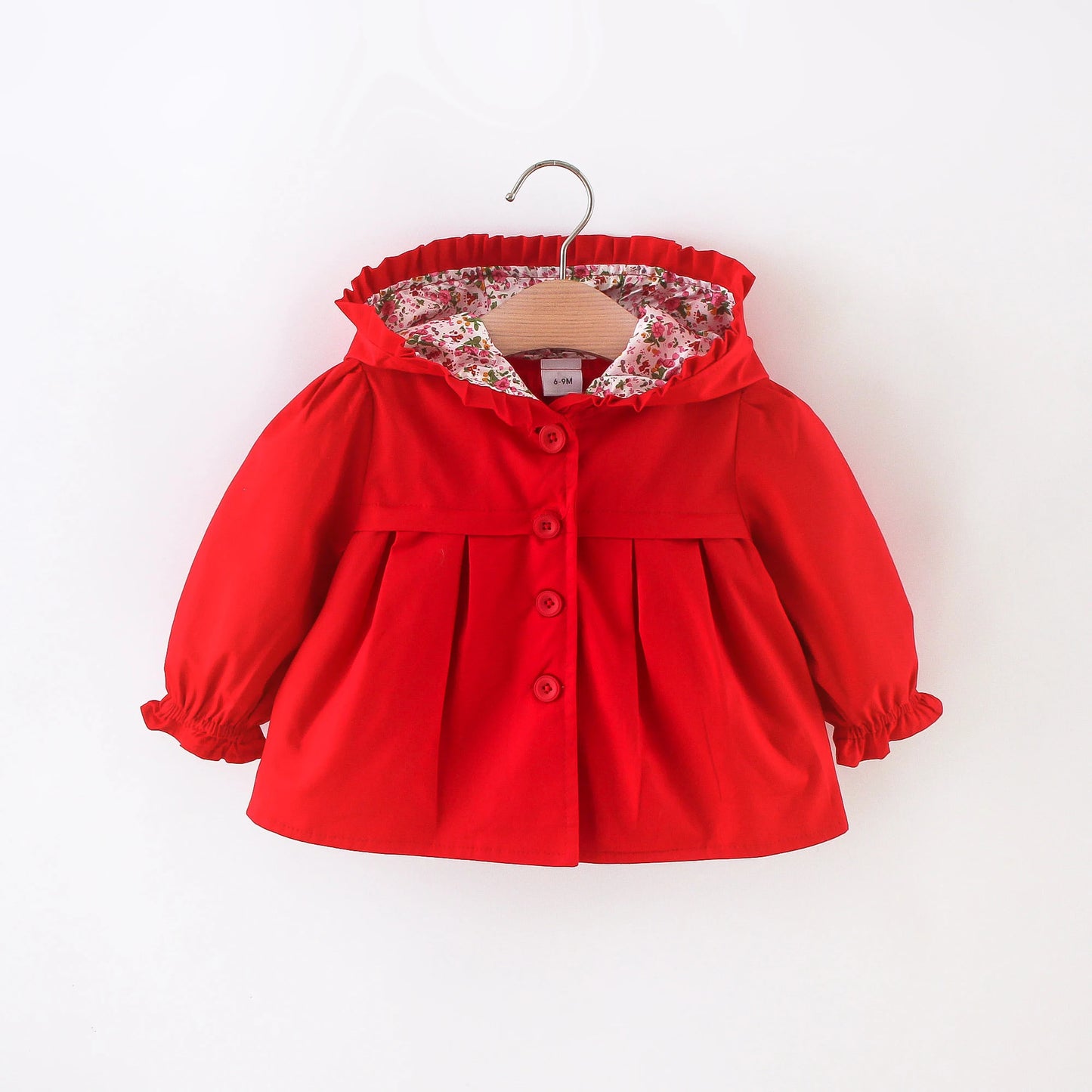 Red baby hooded jacket with floral-lined hood, snap-button front and gathered sleeves