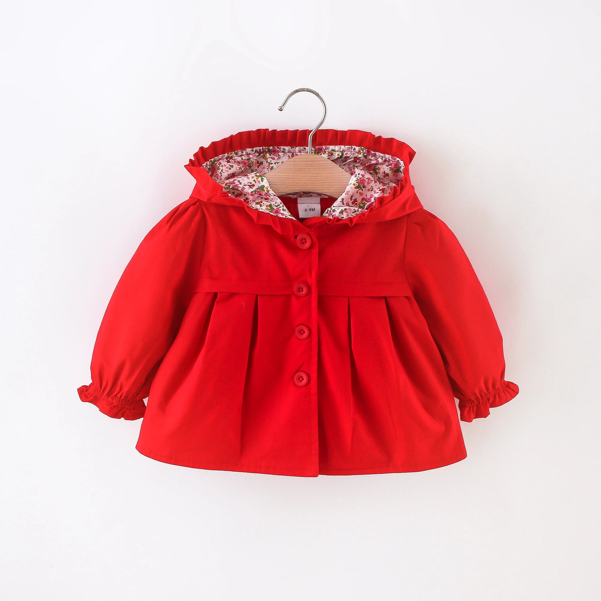 Red baby hooded jacket with floral-lined hood, snap-button front and gathered sleeves