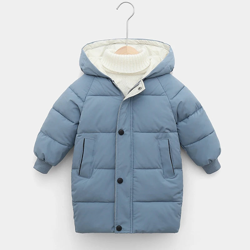 Blue hooded puffer coat with snap front and side pockets