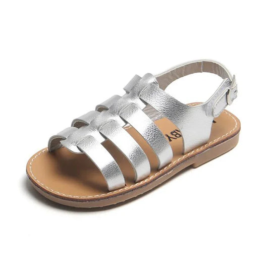 Girls silver fisherman sandals with three wide straps and buckle, tan sole