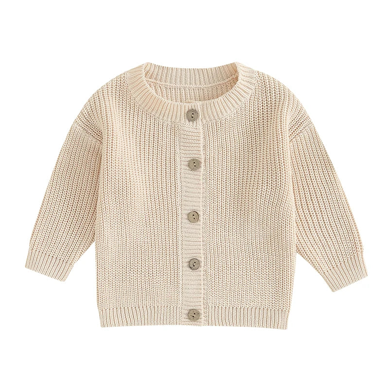 Cream knit button cardigan with round neck and long sleeves