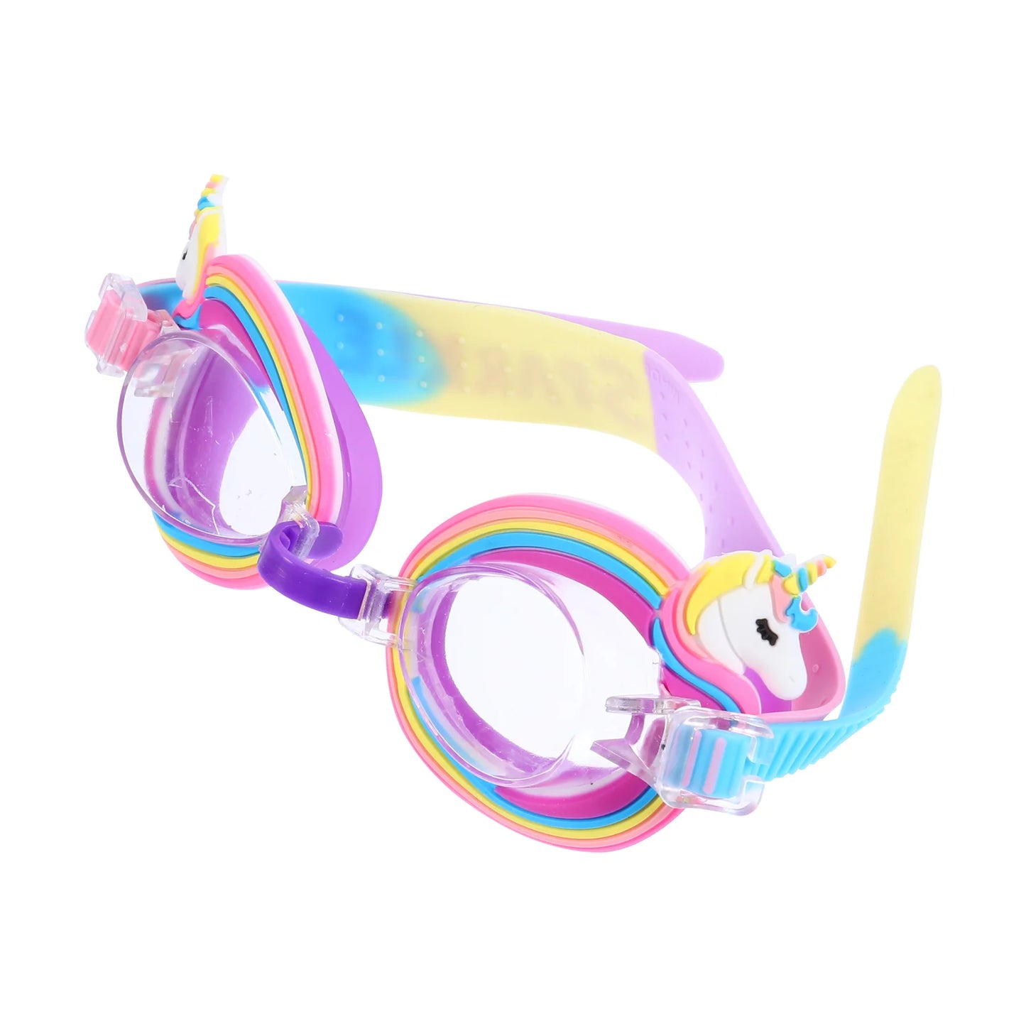 Pastel-colored swimming goggles with a unicorn-themed design, anti-fog lenses, UV protection, and an adjustable strap for a secure and comfortable fit.