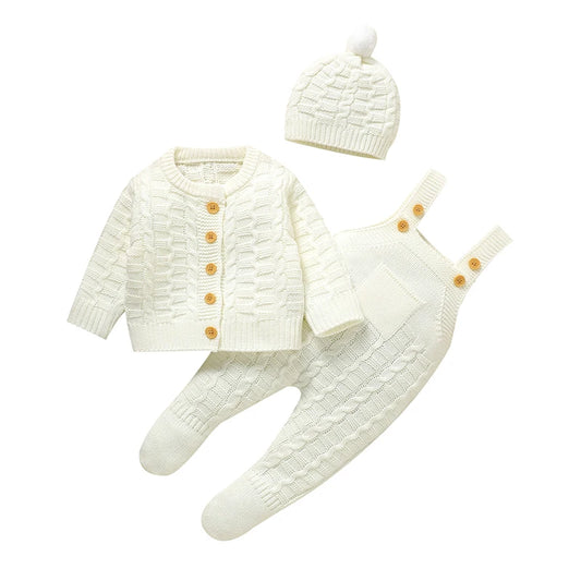 White knitted baby outfit set with button cardigan, romper, and pom-pom hat