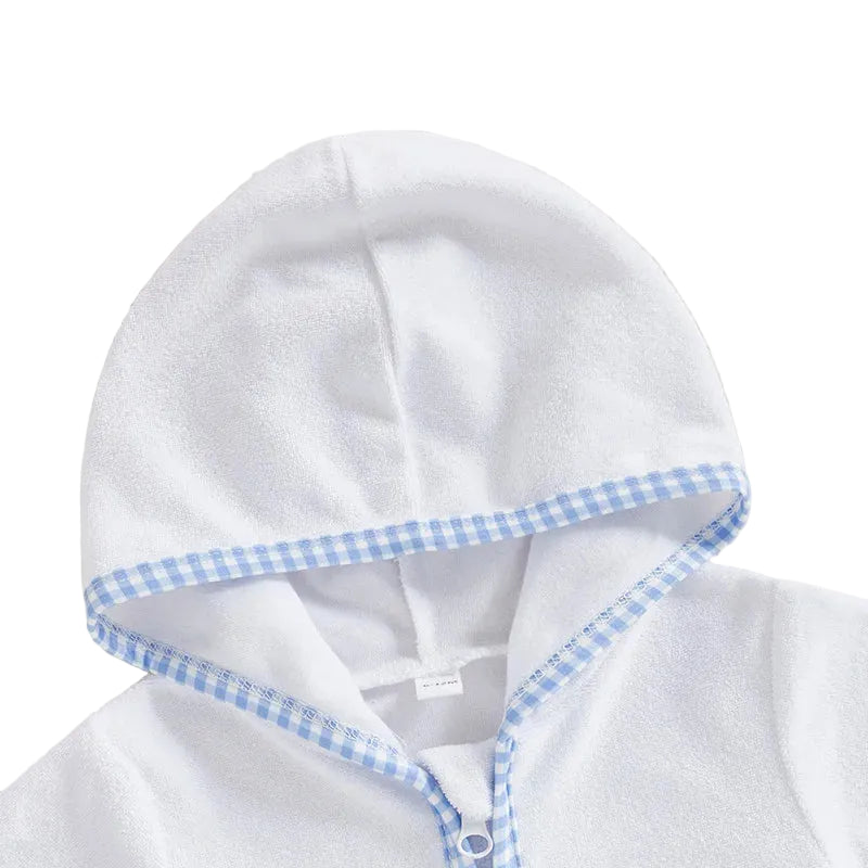 Boys Terry Towelling Hooded Summer Set – Blue Gingham Shorts (1–5 Years) *Preorder