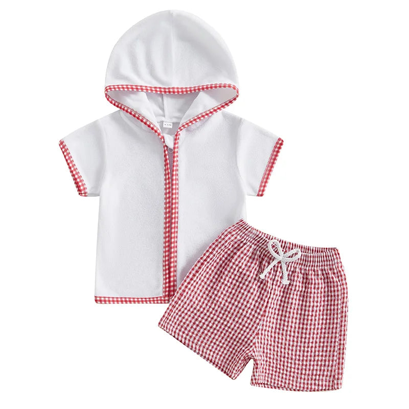 Children's hooded top and shorts set with red and white check pattern on a white background