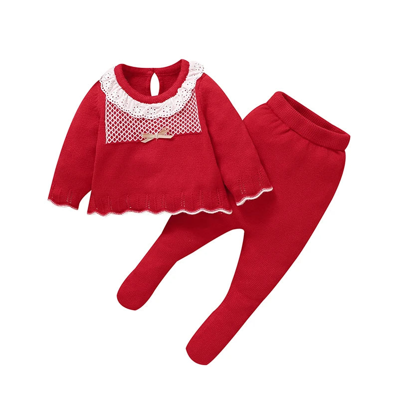 Baby girls sweater and pants set in red, white lace collar and scalloped hem