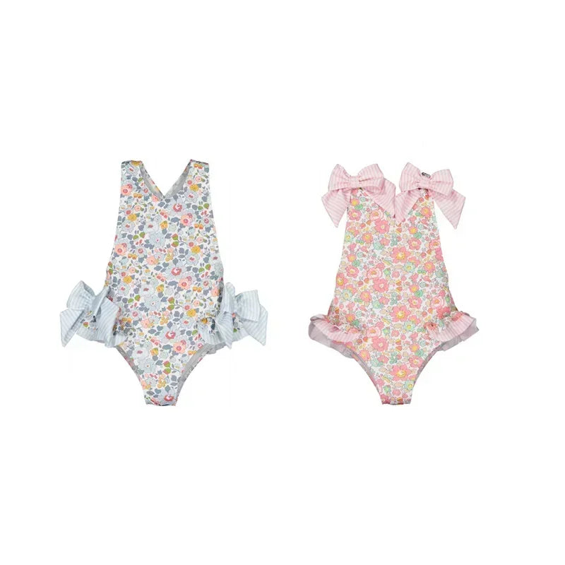 Girls Blue Floral Swimsuit with Bows & Crossover Back (2–7 Years) *Preorder