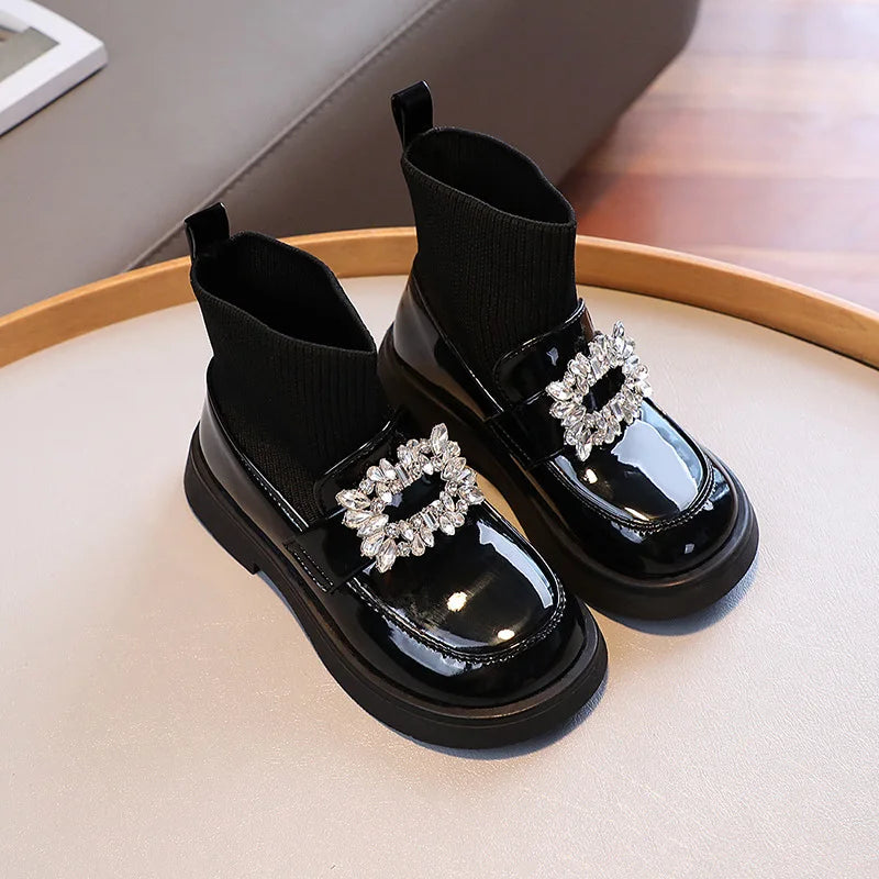 Girls Black Patent Leather Chunky Silver Jewel Sock Boot