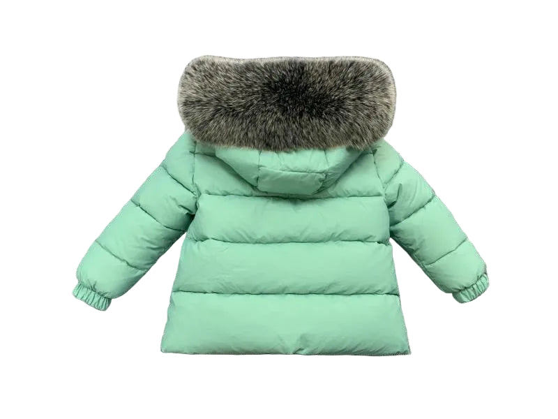 Winter Coat Mint Green Matt finish Racoon fur Hood