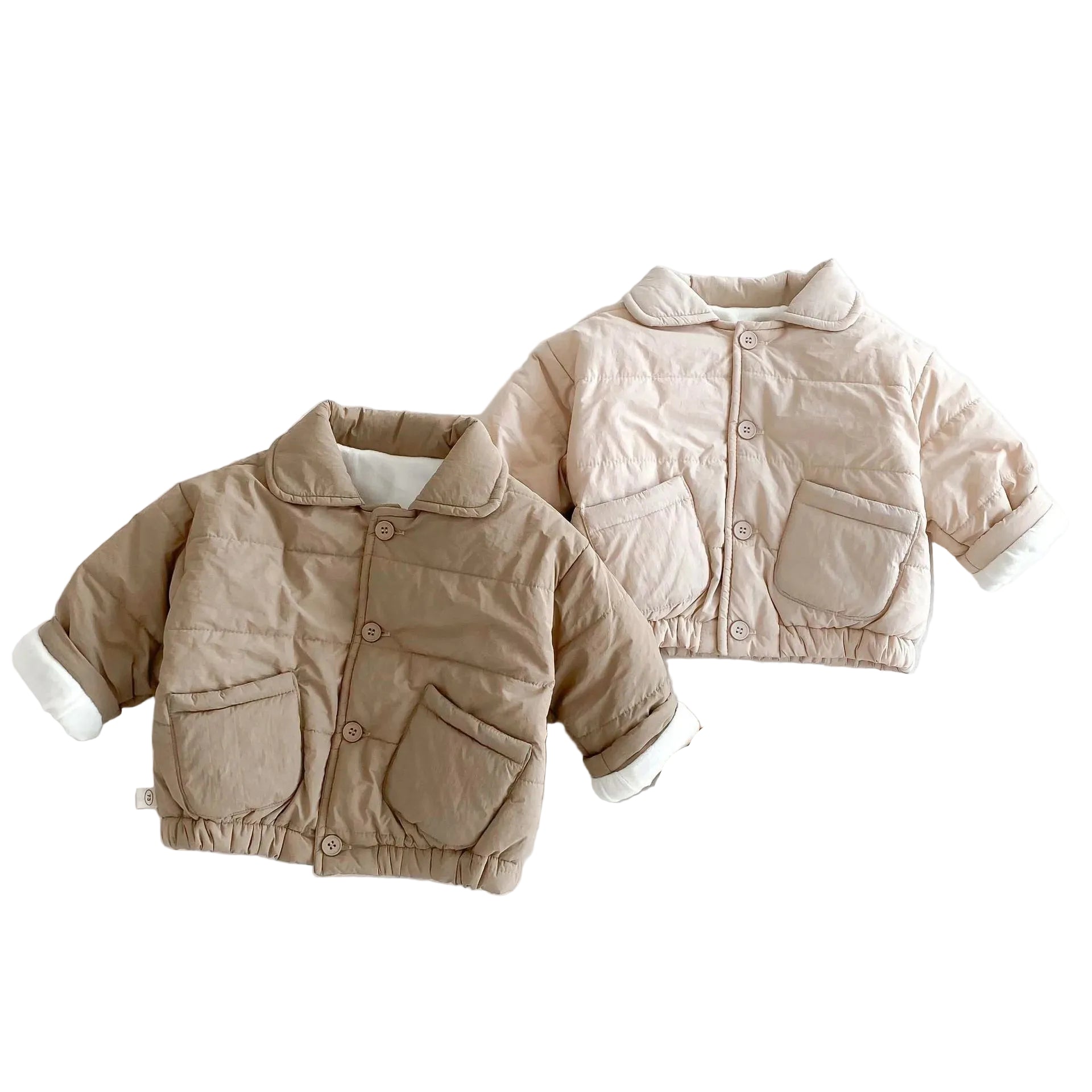 Two kids mini puffer pocket jackets, beige and light beige, button-front and patch pockets
