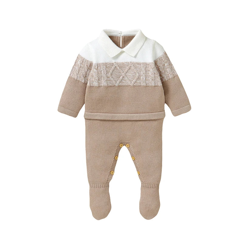 Green knit baby romper with white turn-down collar and long sleeves