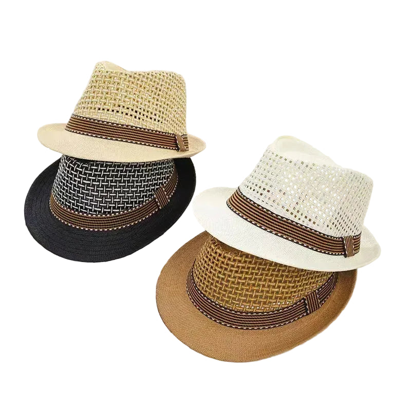 Four straw hats with brown ribbons on a white background