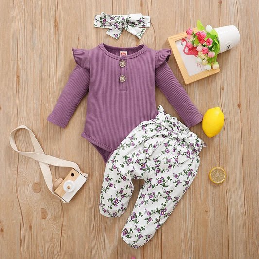 Baby Girl Frill Body Suit & Pants Set - Lilac'Floral' *