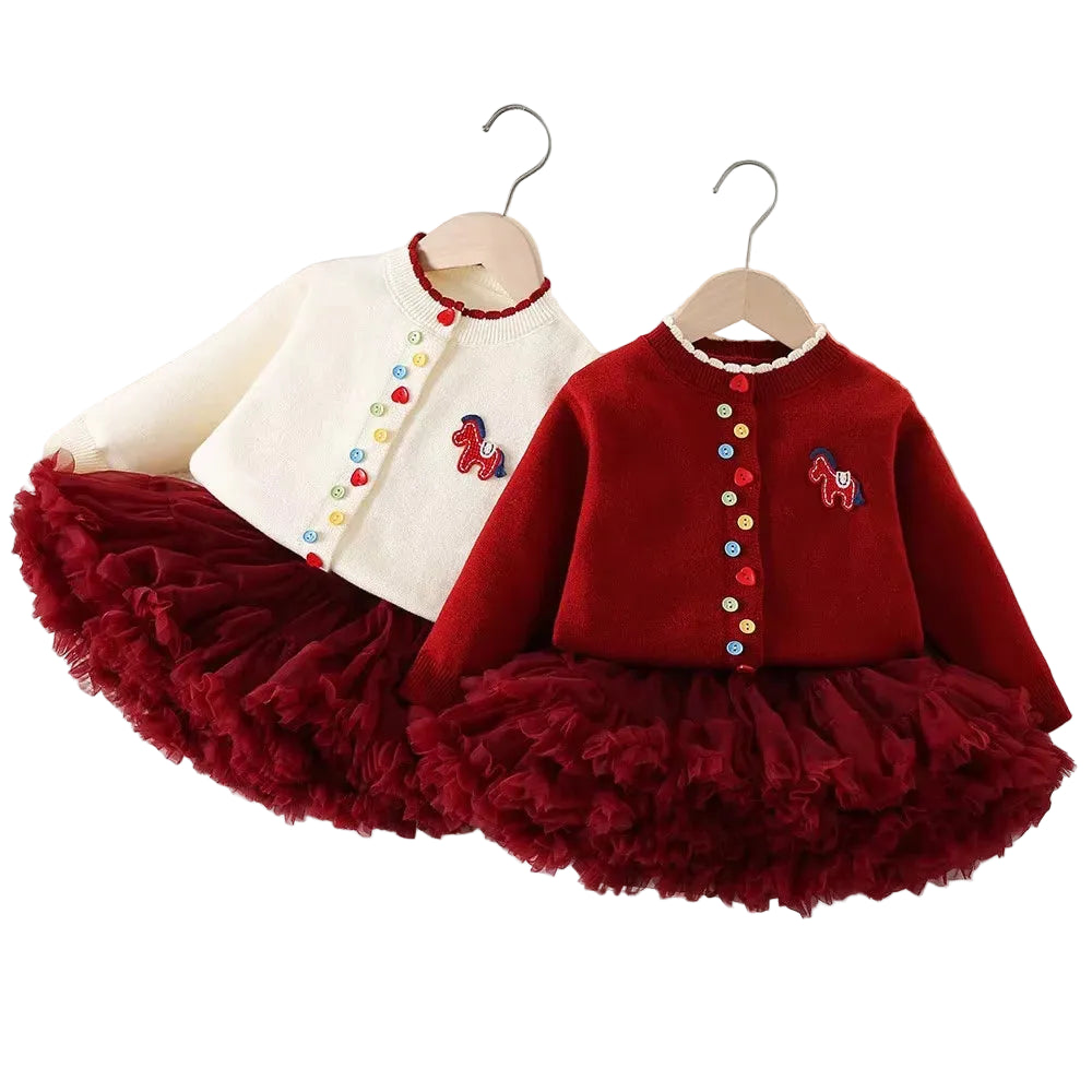 Girls sweater and tulle skirt set with embroidered open cardigan, red top and skirt