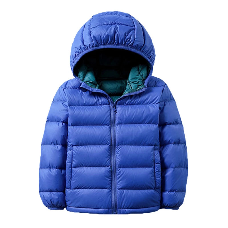 Kids duck down puffer jacket in bright blue, hooded full-zip puffy coat
