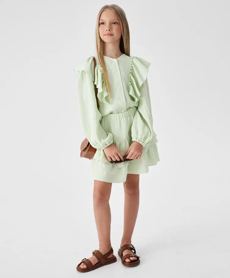 Mint green ruffle smock shirt and tiered skirt set with button front and puff sleeves