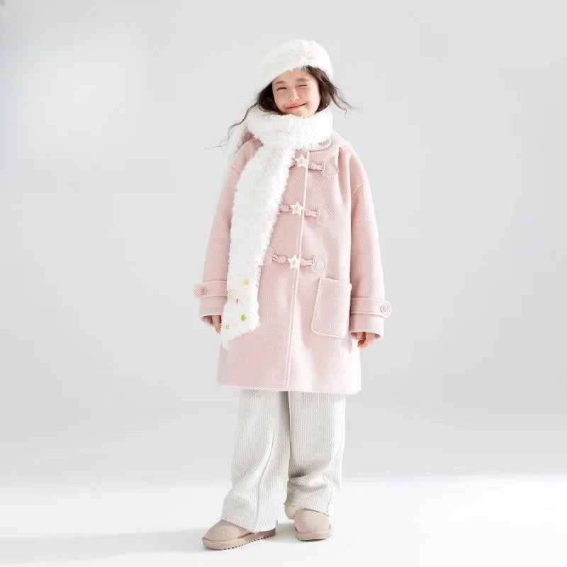 Kids pink hooded wool coat with star button toggles and sherpa-trimmed hood