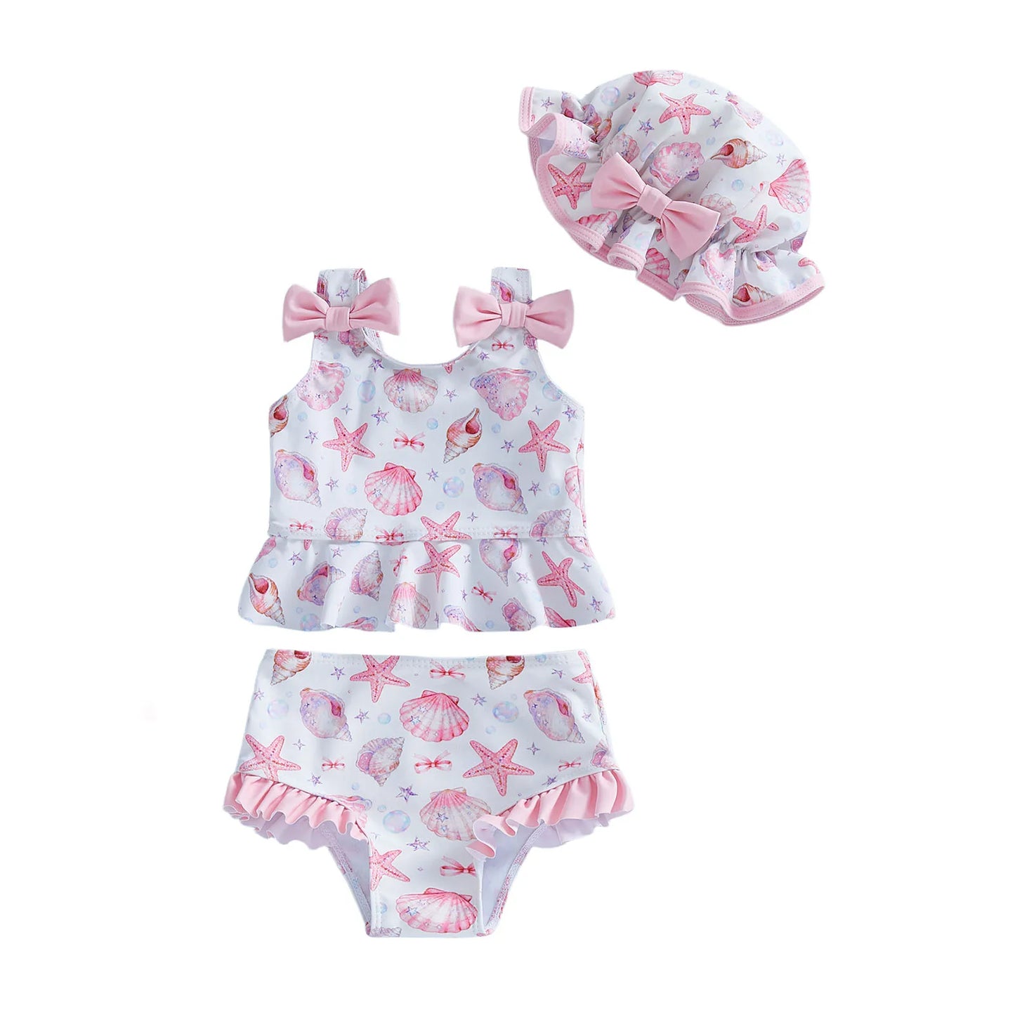 Baby girl's swim set with top, shorts, and hat featuring pink seashell design on a white background.