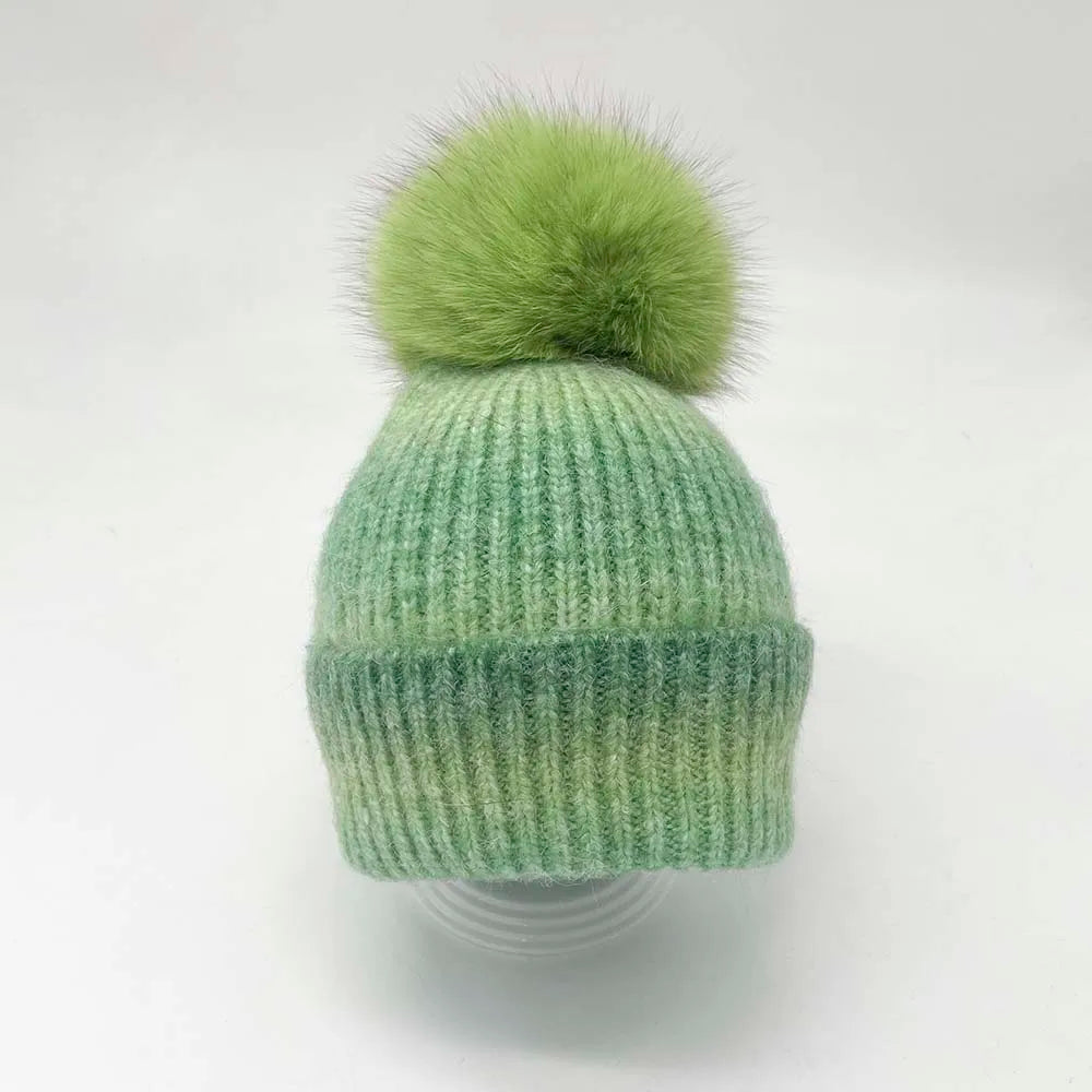 Hat Scarf, Green Gradient Warm Wool Hat, Real Fur, Pom Pom