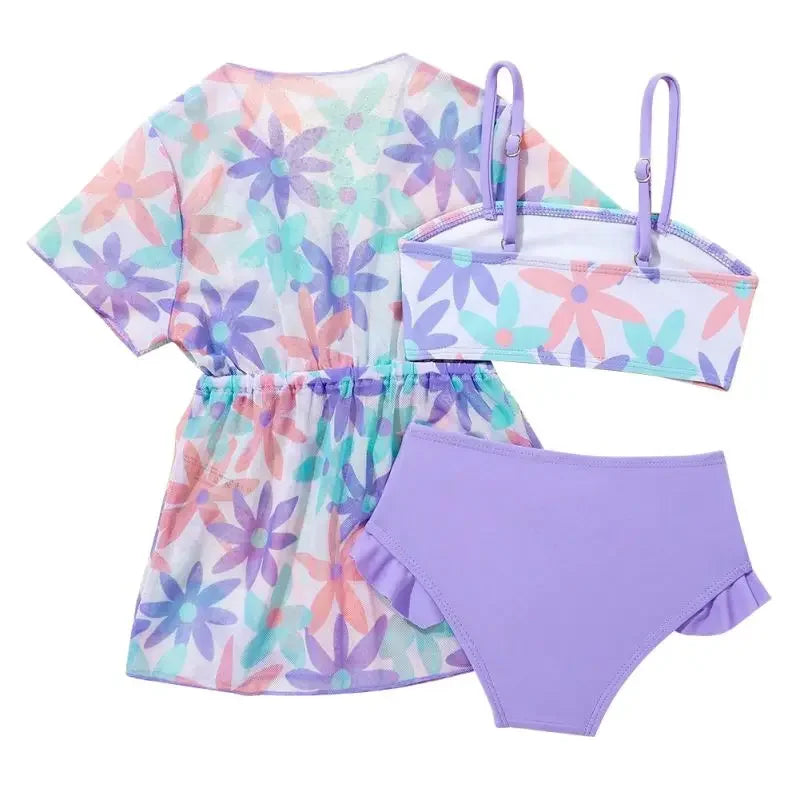 Girls 3-Piece Floral Swim Set with Kimono Cover-Up (1–3 Years) *Preorder
