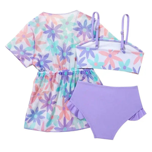 Girls 3-Piece Floral Swim Set with Kimono Cover-Up (1–3 Years) *Preorder