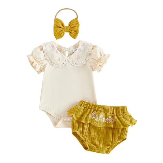 Baby girls cream embroidered collar bodysuit with mustard bloomers and matching bow headband set