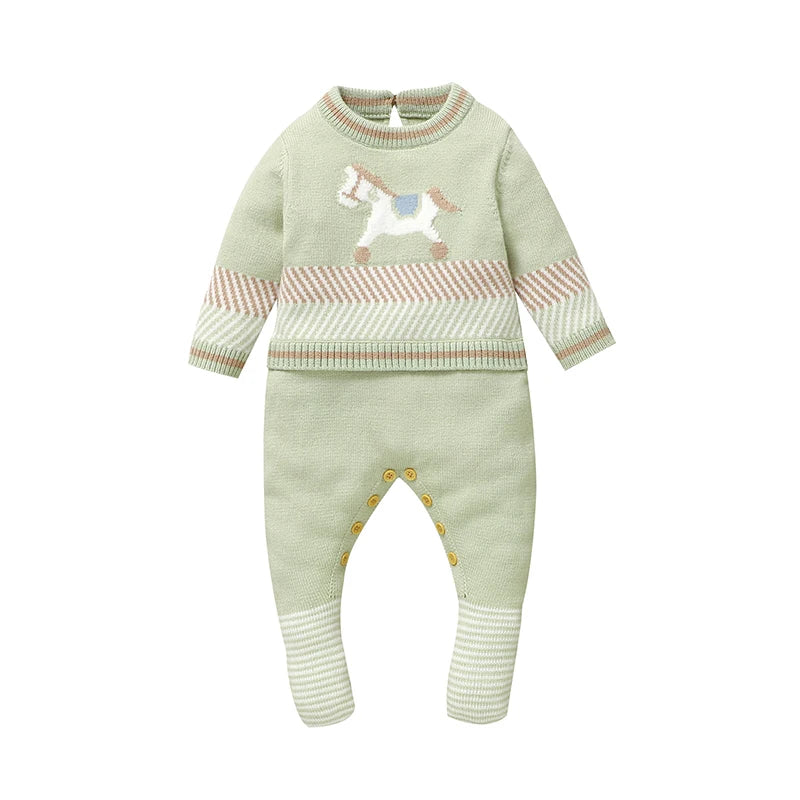 Light green long-sleeve baby romper with horse graphic and striped cuffs