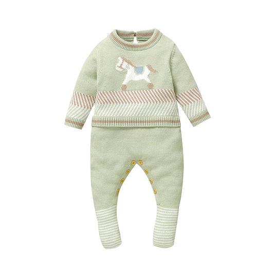 Light green long-sleeve baby romper with horse graphic and striped cuffs