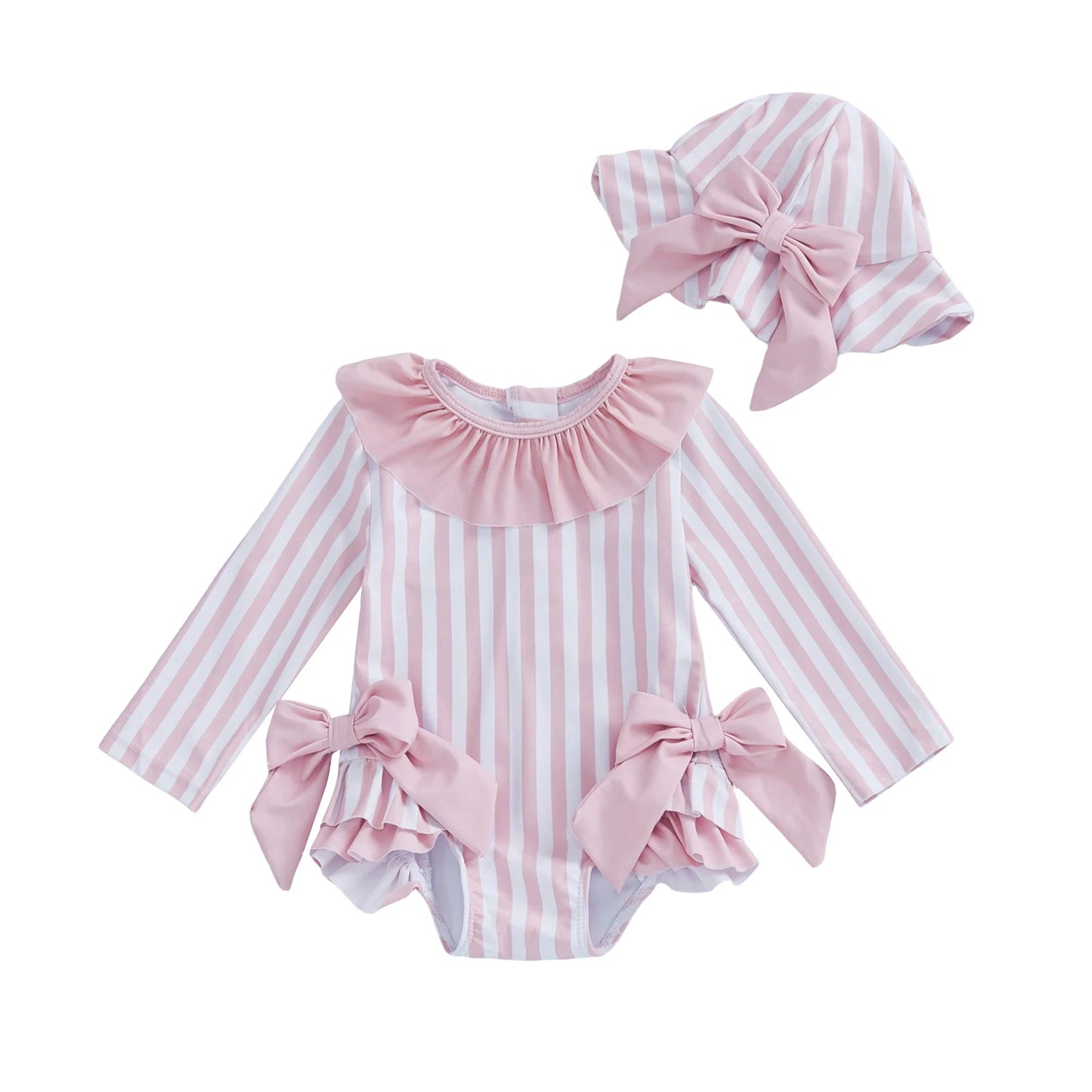 Pink and white striped baby romper with ruffles and matching hat on a white background
