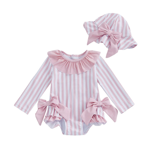 Pink and white striped baby romper with ruffles and matching hat on a white background