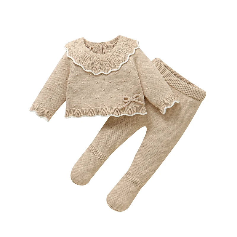 Beige 2-piece infant sweater and leggings set with scalloped ruffle and bow