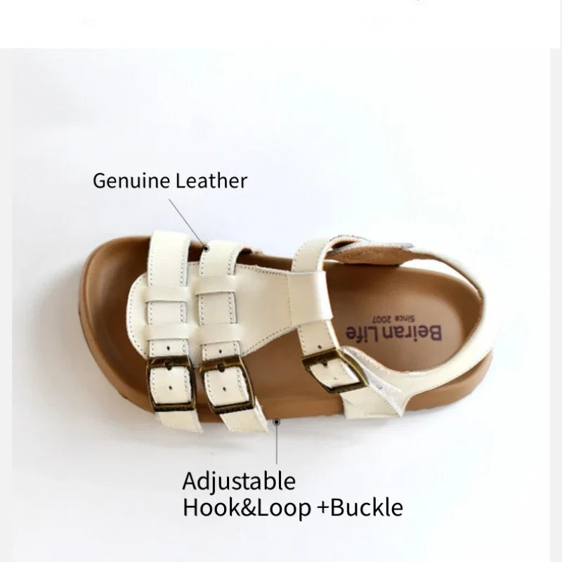 Kids white leather sandals with adjustable hook&loop and buckle straps