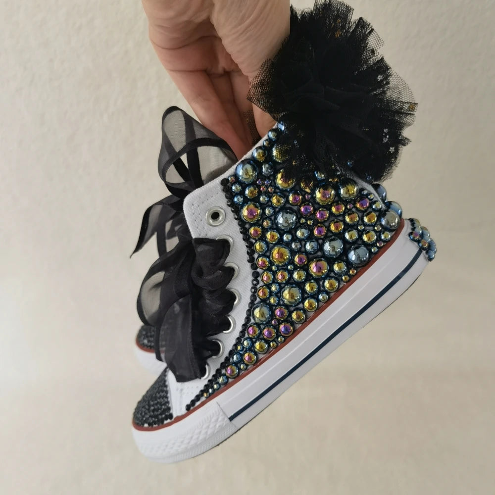 Black canvas baseball boots with multicolor rhinestone trim and tulle bow