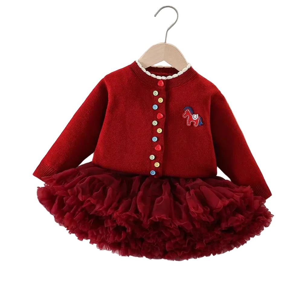 Girls sweater and tulle skirt set, red cardigan with embroidered horse and ruffled tulle skirt