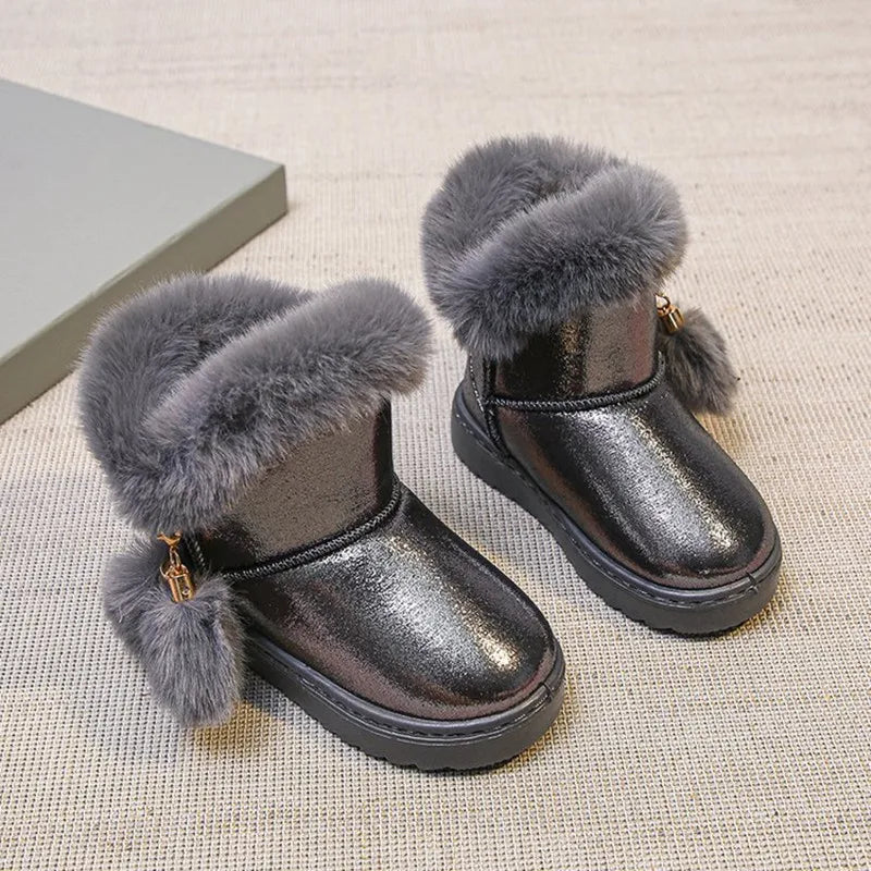 Girls Grey Faux Fur Pom Pom Boots